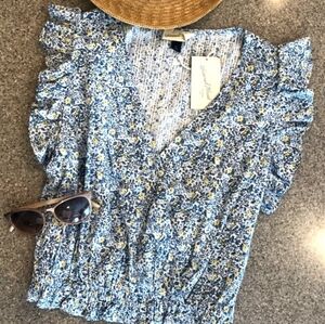 Universal Thread Blue Flutter  Sleeve Blouse V Neck Cropped Med NWOT